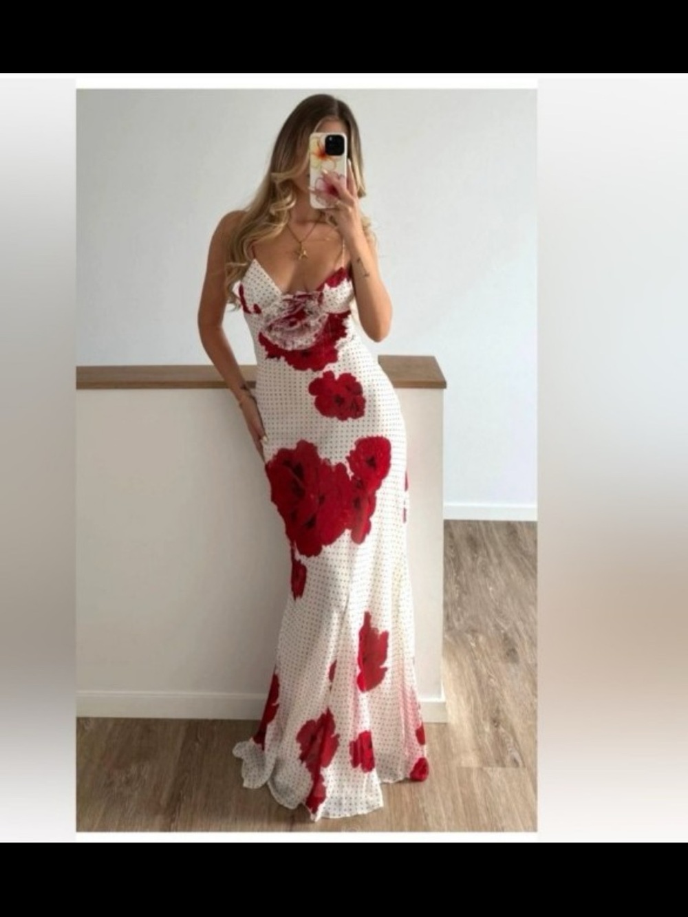 Zara polka dot Maxi Slip Dress with Red Floral Pattern